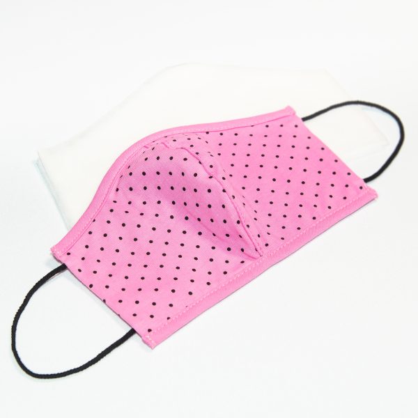 Face mask pink with black dots (face shape) - free 10 filters - high quality - reusable and washable cotton mouth face mask with elastic
